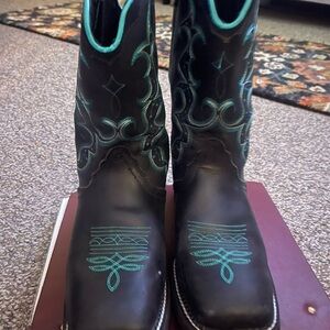 Justin Boots Black and Blue Heeled Boots with Southwestern Design